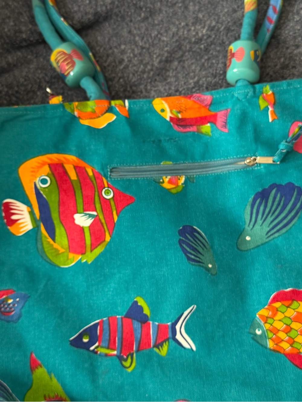 Vintage Tropical Fish Print Canvas Tote Bag with Wooden Bead Accents